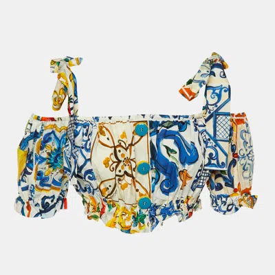 Pre-owned Dolce & Gabbana Blue Majolica Print Cotton Crop Top M