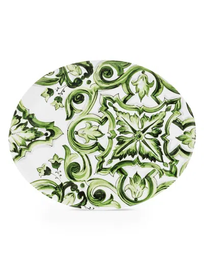 Dolce & Gabbana Blue Mediterraneo Fiore Medium Oval Serving Plate In Green