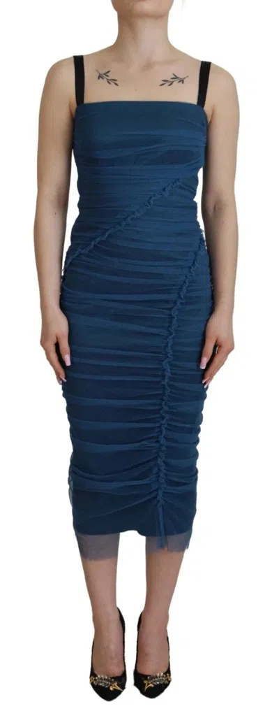 Pre-owned Dolce & Gabbana Blue Mesh Trim Ruched Tulle Sheath Women's Dress ()