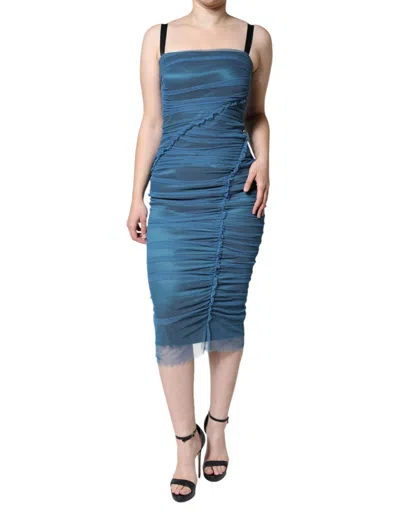 Pre-owned Dolce & Gabbana Blue Mesh Trim Ruched Tulle Sheath Women's Dress ()
