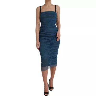 Pre-owned Dolce & Gabbana Blue Mesh Trim Ruched Tulle Sheath Women's Dress ()