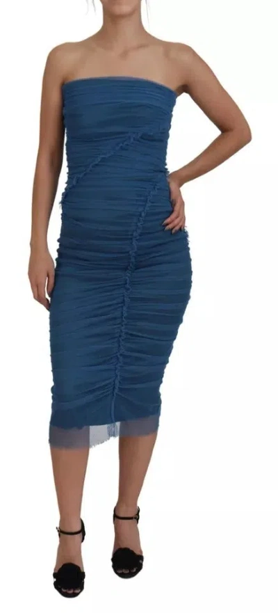 Pre-owned Dolce & Gabbana Blue Mesh Trim Ruched Tulle Sheath Women's Dress ()