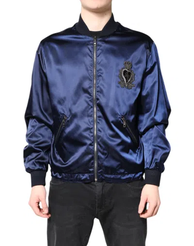 Dolce & Gabbana Blue Nylon Dg Crown Full Zip Bomber Jacket