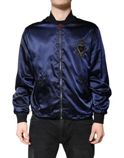 Pre-owned Dolce & Gabbana Blue Nylon Dg Crown Full Zip Bomber Men's Jacket ()
