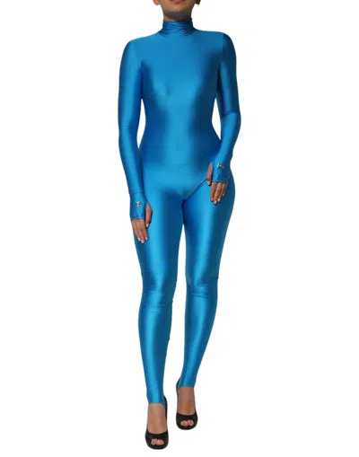 DOLCE & GABBANA BLUE NYLON TURTLENECK BODYCON JUMPSUIT  DRESS