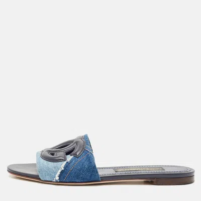 Pre-owned Dolce & Gabbana Blue Patchwork Denim Dg Logo Flat Slide Sandals Size 38