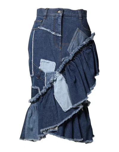 DOLCE & GABBANA BLUE PATCHWORK LAYERED DENIM MIDI SKIRT