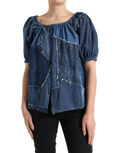 DOLCE & GABBANA BLUE PATCHWORK SHORT SLEEVES DENIM BLOUSE TOP