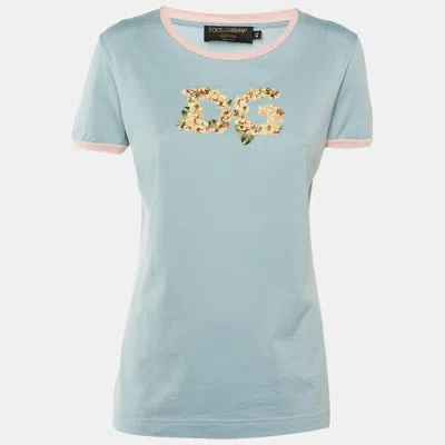 Pre-owned Dolce & Gabbana Blue /pink Floral Logo Embroidered Cotton T-shirt M