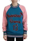 Dolce & Gabbana Blue Pink Queen Sequin Crystal Sweater In Blue