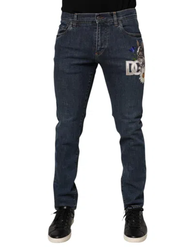 Dolce & Gabbana Blue Rabbit Embroidery Slim Men Denim Jeans