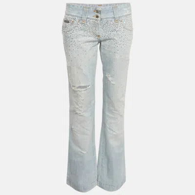 Pre-owned Dolce & Gabbana Blue Rhinestone Denim Boot Cut Jeans M/waist 32"