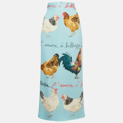 Pre-owned Dolce & Gabbana Blue Rooster & Chicken Print Crepe Midi Skirt M