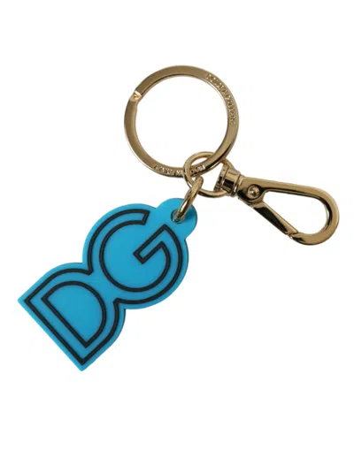 Dolce & Gabbana Blue Rubber Gold Tone Metal Dg Logo Keyring Keychain