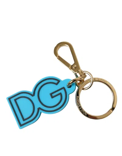 Dolce & Gabbana Blue Rubber Gold Tone Metal Dg Logo Keyring Keychain