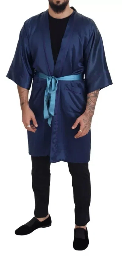 Pre-owned Dolce & Gabbana Blue Satin Silk Waist Belt Robe Men's Jacket ()