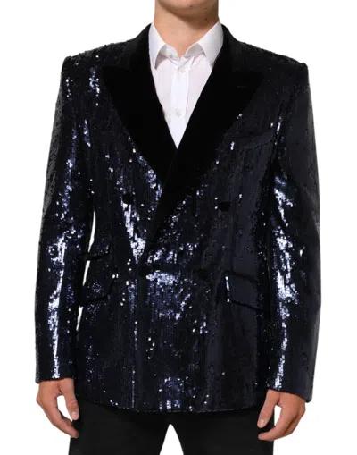 Dolce & Gabbana Blue Sequin Sicilia Double Breasted Blazer
