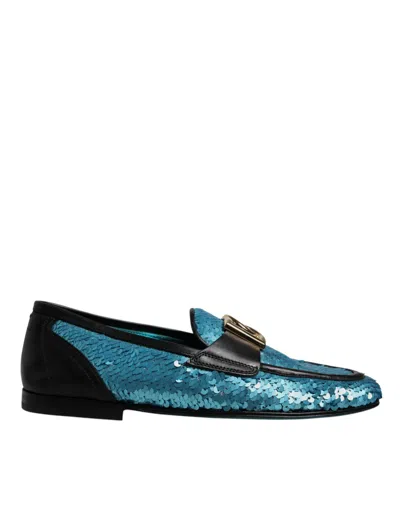 Dolce & Gabbana Sequined Loafers Formal Dress Men's Shoes In Blue