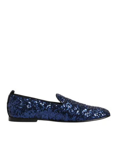 Dolce & Gabbana Blue Sequined Loafers Slippers Men Dress Shoes In Animal Print