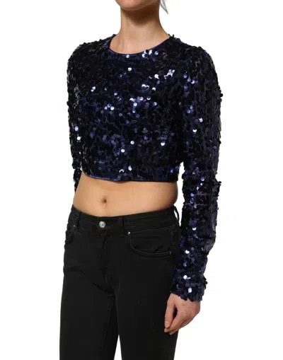 Dolce & Gabbana Blue Sequined Long Sleeves Crop Blouse Top