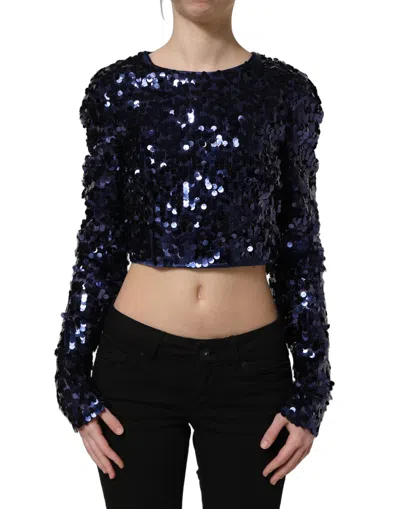 Dolce & Gabbana Blue Sequined Long Sleeves Crop Blouse Women's Top