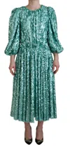 Dolce & Gabbana Blue Sequined Pleated Aline Midi Nylon Women's Dress In Multi