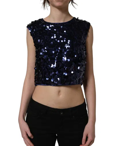 Dolce & Gabbana Blue Sequined Sleeveless Cropped Tank Women's Top In Black