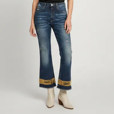 Pre-owned Dolce & Gabbana Blue Sequinned Logo Detail Denim Cropped Jeans M/waist 29"