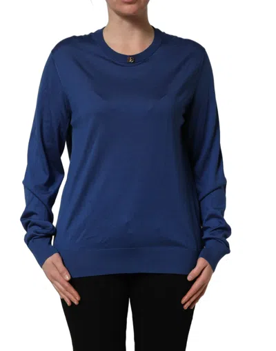 Pre-owned Dolce & Gabbana Blue Silk Dg Logo Crew Neck Pullover Women's Sweater ()