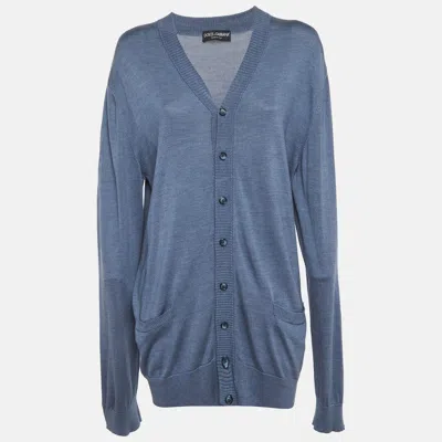 Pre-owned Dolce & Gabbana Blue Silk Knit Cardigan Xl In Black