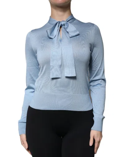 Pre-owned Dolce & Gabbana Blue Silk Knit Pullover Ascot Collar Women's Top ()