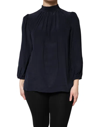 Dolce & Gabbana Blue Silk Mock Neck Long Sleeves Blouse Top In Black