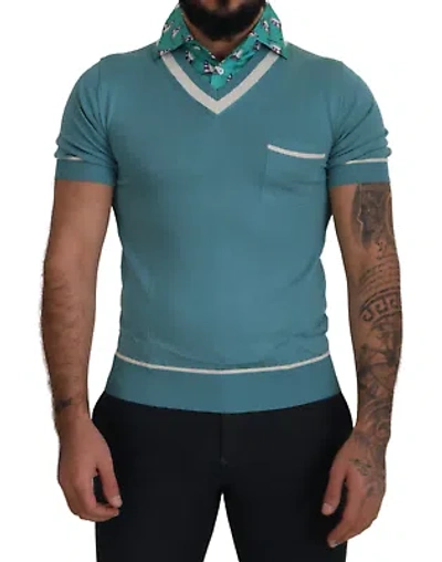 Pre-owned Dolce & Gabbana Blue Silk Polo Top Mens V-neck T-shirt
