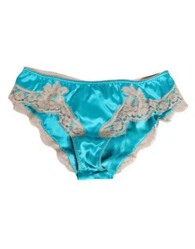 DOLCE & GABBANA BLUE SILK SATIN FLORAL LACE TRIM NEW SLIP UNDERWEAR