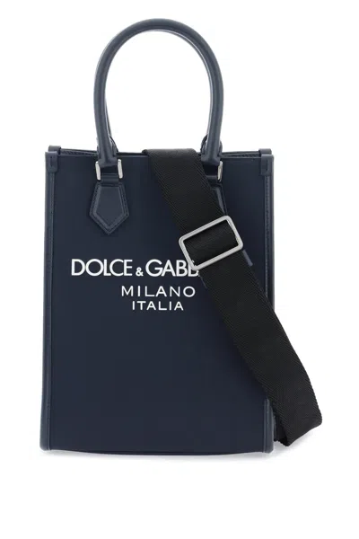 DOLCE & GABBANA NAVY SMALL NYLON AND LEATHER TRIM TOTE BAG WITH RUBBERIZED LOGO FOR MEN