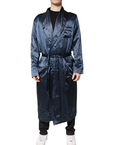 Pre-owned Dolce & Gabbana Blue Solid Silk Men Wrap Robe Coat Men's Jacket ()