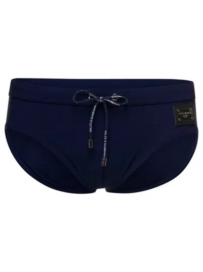 Dolce & Gabbana Blue Swim Brief With Branded Drawstring And Logo Tag In Stretch Polyamide Man