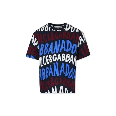 Dolce & Gabbana Kids' Blue T-shirt For Boy With Logo In Multicolor