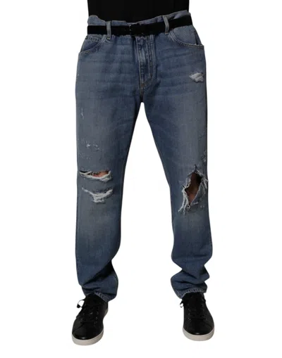 Dolce & Gabbana Blue Tattered Cotton Straight Denim Men's Jeans