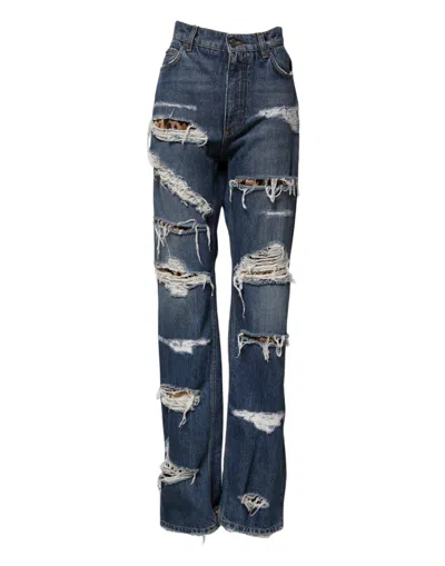 Pre-owned Dolce & Gabbana Blue Tattered Cotton Straight Denim Women's Jeans ()