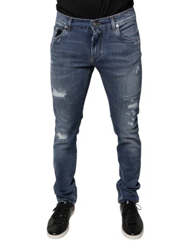 DOLCE & GABBANA DOLCE & GABBANA BLUE TATTERED COTTON STRETCH SKINNY DENIM MEN'S JEANS