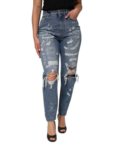 Pre-owned Dolce & Gabbana Blue Tattered High Waist Women Denim Women's Jeans ()