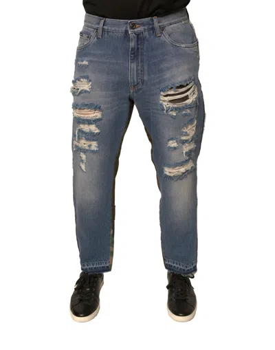DOLCE & GABBANA DOLCE & GABBANA BLUE TATTERED STRAIGHT CROPPED DENIM MEN'S JEANS