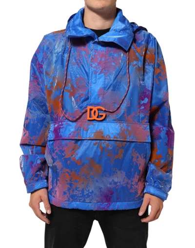 Dolce & Gabbana Tie Dye Logo Hooded Sweatshirt Jacket In Blue