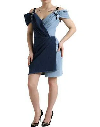 Pre-owned Dolce & Gabbana Blue Twotone Denim Patchwork Draped Sleeve Mini Dress Xs/s/
