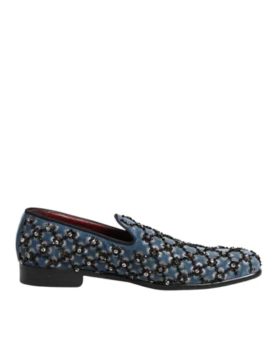 Pre-owned Dolce & Gabbana Blue Velvet Crystal Detailing Loafer Men Men's Shoes ()