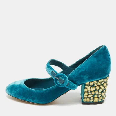 Pre-owned Dolce & Gabbana Blue Velvet Crystal Embellished Mary Jane Pumps Size 36.5