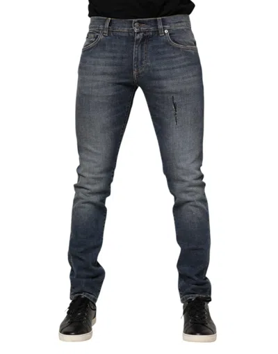 Pre-owned Dolce & Gabbana Blue Washed Skinny Logo Plaque Men Denim Men's Jeans ()