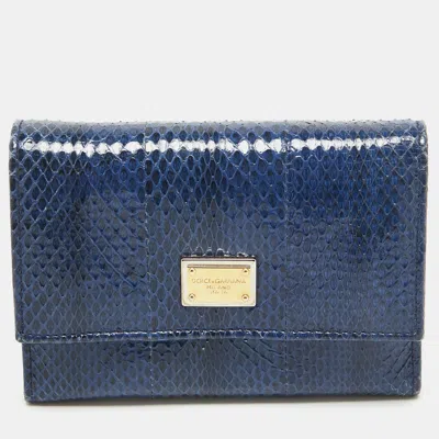 Pre-owned Dolce & Gabbana Blue Watersnake Leather Logo Trifold Wallet