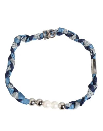 Pre-owned Dolce & Gabbana Blue White Braided Silver Metal Logo Beaded Men Men's Bracelet () In Multi